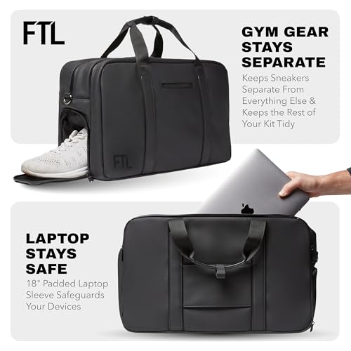 The FTL Pro Mens Travel Bag - 30L Premium Work to Gym Weekender Duffel with Garment Bag, Shoe Space & 18" Laptop Sleeve - Organized Athletic Business Carry On Hybrid, Fits Under Airplane Seat - Black - color: Kenmare Black, style: Pro
