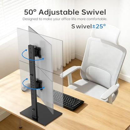 Vertical Dual Monitor Stand for 13-32 Inch Monitors, No Clamp, Freestanding | Supports 44 lbs/Arm | Tempered Glass Base | ±25° Swivel | -5° to +10° Tilt | 8 Height Options | VESA 75×75/100×100 mm - size: Dual Monitor Stand