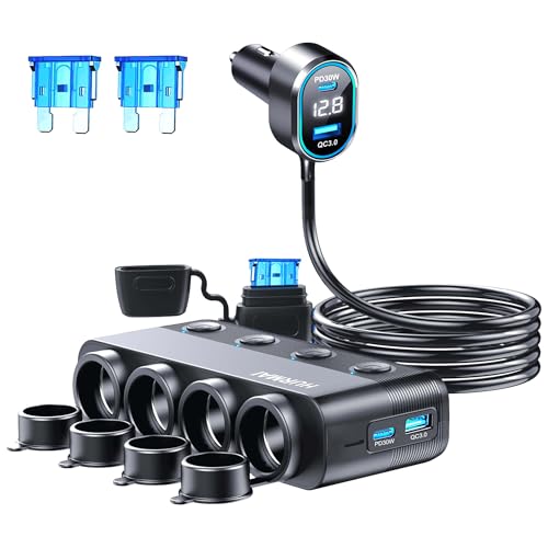 8 in 1 Cigarette Lighter Splitter, 264W 4 Socket Cigarette Lighter Adapter,Type-C QC3.0 PD 30W Charging, Heavy Duty Truck Car USB Chager Multi Plug Outlet 12V/24V Independent Switches, LED Voltmeter