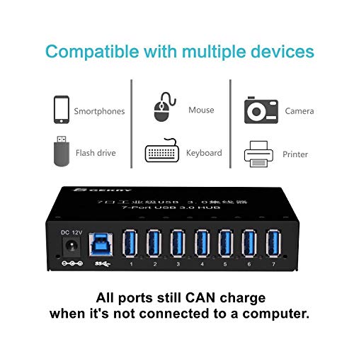 USB 3.0 Hub, USB Data Hub, Metal Case Mountable 7-Port Powered USB Hub 3.0 with 36W AC Adapter-Type A