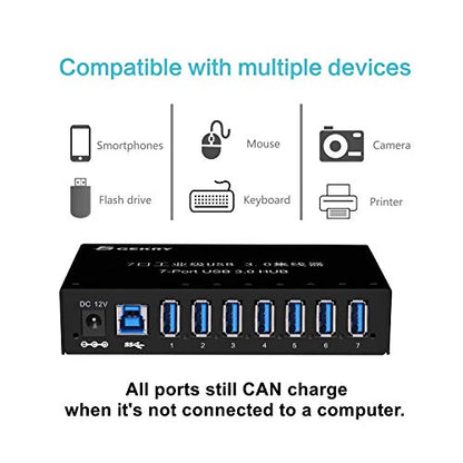 USB 3.0 Hub, USB Data Hub, Metal Case Mountable 7-Port Powered USB Hub 3.0 with 36W AC Adapter-Type A