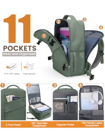 Capolo Travel Laptop Backpack Women Men Personal Item Weekender Travel Bag | 22L Flight Approved,Waterproof Overnight Bag,College Bookbag,Work,1-2 Day Travel,Fits 15.6" Laptop (Small,Green) - color: Green, size: Small