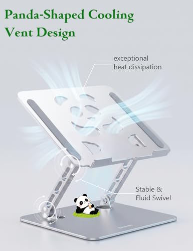 Stable Laptop Stand for Desk Fit for 10"-16.3" Laptops, Silver | Foldable Aluminum Riser Creates an Ergonomic Workspace with Cute Panda Cooling Vent, Fits MacBook Air/Pro, Dell and Lenovo - color: Silver