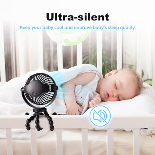 PaPaFboy Mini Portable Pram Fan, Rechargeable Small Clip on Fan for Stroller, Detachable 3 Speed 360° Rotate Flexible Tripod Handheld Desk Cooling for Car Seat Crib Treadmill Travel Essentials