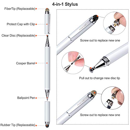 Penyeah 4-in-1 Stylus Pen for iPhone, iPad, Switch & Android Devices- White | Versatile 4 Different Tips, Writing/Drawing/Scrolling/Selecting/Signing Documents Easier & Preciser, Spare Tips Included - color: White