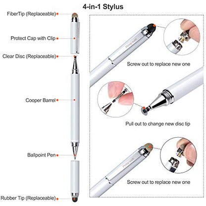 Penyeah 4-in-1 Stylus Pen for iPhone, iPad, Switch & Android Devices- White | Versatile 4 Different Tips, Writing/Drawing/Scrolling/Selecting/Signing Documents Easier & Preciser, Spare Tips Included - color: White