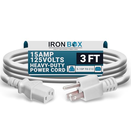 IronBox Electric - Heavy-Duty 5-15P to C13 Power Cord - 3 Prong 15A 125V 14/3 SJT PC Cable - Cord for Computer, Monitor, Subwoofer, Amplifier - Cable for Power Supply - (White 3 Foot) - color: White, size: 3 ft