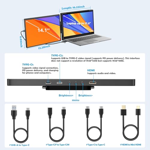 14.1-inch 1200P Portable Dual Laptop Monitor Extender (with USB Docking Station) 1920x1200 FHD IPS Foldable Plug and Play Travel Home Office Second Screen Compatible with HDMI,USB-A and USB-C - style: 1*14.1" 1200P