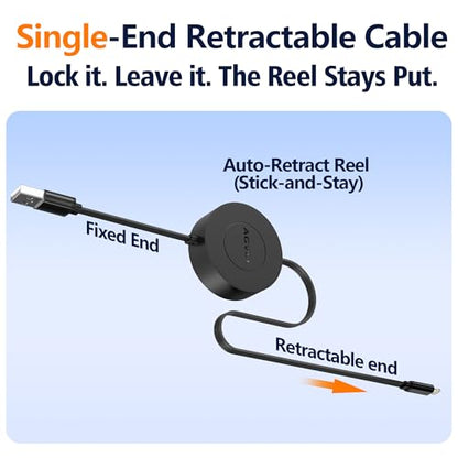 AGVEE 1ft Fixed / 3.3ft Extend Single-End Retractable Lightning Cable | Desk-Mounted, Pocket Size, 2.4A Fast Charger Cord for iPhone 14/13/12/11/XS/8/7/6/5, iPad, iPod, Cord Organizer - size: 1ft Fixed / 3.3ft Extend, style: A to Lightning
