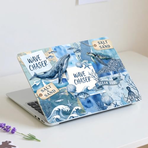 PLIGREAT 15 Inches Laptop Decal Sticker Skin Cover, Ocean Scrapbook Design Laptop Sticker Decals Fits 12" to 15" Laptops Universal Waterproof Removable, Blue Brown - color: Blue Brown
