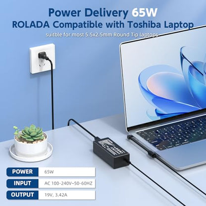 65W 19V Laptop Charger for Toshiba Satellite, 8.5FT Cord | ONLY fits Toshiba laptops needing 19V & 5.5mm round plug. 8.5FT long cord. Does NOT fit 19.5V or USB-C.