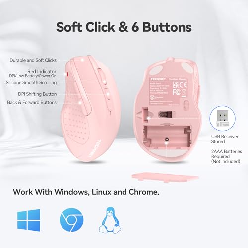 TECKNET Wireless Mouse, 2.4G Ergonomic Computer Mouse, 2600 DPI, Pink | Ergonomic Design with Side Grips, Adjustable DPI, 2-Year Battery, Compact Size, USB-A Plug & Play, Wide OS Compatibility - color: Pink