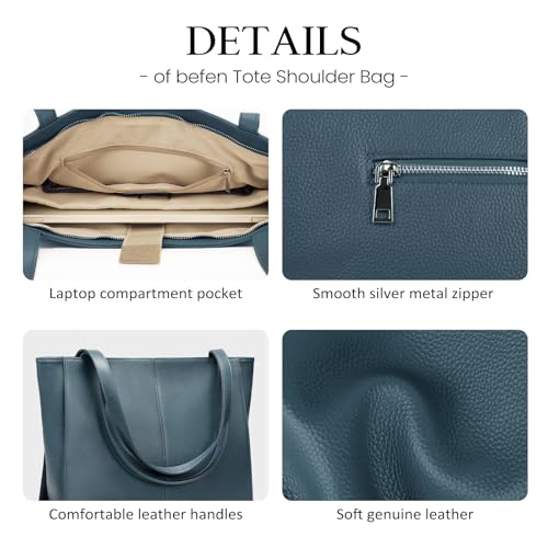 befen Genuine Leather Tote Bag for Women Work Travel Leather Purse Handbags | Real Leather, Padded 14" Laptop Compartment, Multi-Pockets, Zipper, Tote Bag for Daily - color: Teal Blue