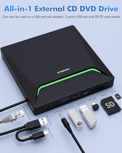 New External CD DVD Drive, Cool DVD Burner USB 3.0 with Ethernet Adapter, 3 USB and 2 TF/SD Card Ports, CD DVD Player Reader Writer Optical Disc Drive for Laptop MacBook PC Windows Linux Mac OS - size: 5.8" x 6.1" x 0.7"