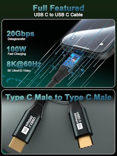 USB C 3.2 Gen 2x2 Video Cable for Monitor - 15FT / 4.6M | 8K@60Hz/4K@120Hz, 100W PD Fast Charging, 20Gbps Data Transfer, Compatible with iPhone 17/16/15, MacBooks, iPad, Carplay - size: 15FT