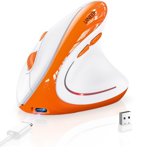 Uineer Ergonomic Mouse, Wireless Bluetooth Rechargeable Vertical Mouse, 7 Color LED, 4 DPI Adjustable, USB-A, Wrist Strain Relief,Optical Mice for Computer/PC/Laptop, Black (Orange) - color: Orange