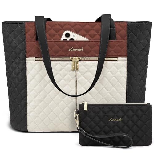LOVEVOOK Laptop Bag for Women 15.6 inch,Diamond Quilted Work Tote Bags Womens Computer Shoulder Bags,Stylish Travel Tote Bags Laptop Purse Briefcase Handbag with Clutch Purse,Brown-Black-White - color: Brown-black-white Apricot(quilted), size: 15.6 Inch