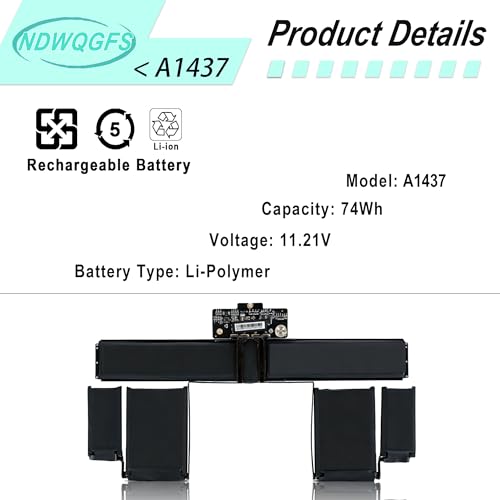 A1437 A1425 Laptop Battery Compatible with MacBook Pro Retina 13" A1425 Late 2012 & Early 2013 74Wh 11.21V Fits Models MD101 MD102 MD212 MD213 ME662 EMC 2557 2672