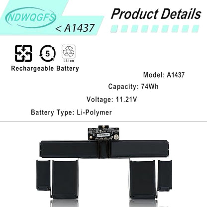 A1437 A1425 Laptop Battery Compatible with MacBook Pro Retina 13" A1425 Late 2012 & Early 2013 74Wh 11.21V Fits Models MD101 MD102 MD212 MD213 ME662 EMC 2557 2672