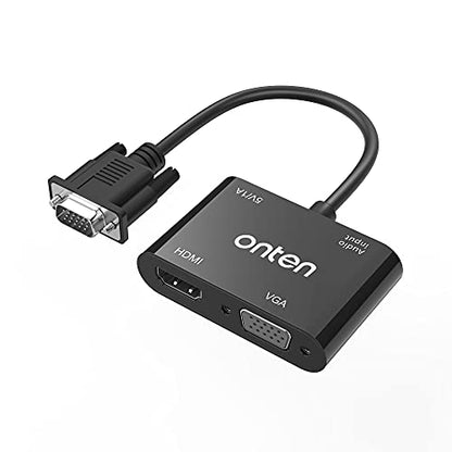 ONTEN VGA to HDMI VGA Adapter, VGA Splitter 1 VGA in HDMI VGA 2 Out, VGA to HDMI VGA Adapter for Computer, Desktop, Laptop, PC, Monitor, Projector Work Need Power
