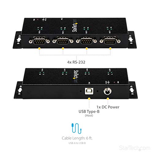 StarTech 4-Port USB to Serial RS232 Hub, Industrial, TAA (ICUSB2324I) | FTDI USB to DB9 RS-232 Adapter Hub, DIN Rail and Wall Mountable, COM Port Retention - style: 4-Port