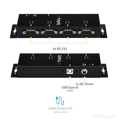 StarTech 4-Port USB to Serial RS232 Hub, Industrial, TAA (ICUSB2324I) | FTDI USB to DB9 RS-232 Adapter Hub, DIN Rail and Wall Mountable, COM Port Retention - style: 4-Port