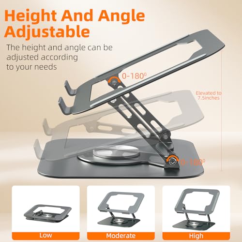 Adjustable Laptop Stand for Desk, Laptop Riser with 360 Rotating Base, Ergonomic Laptop Holder for Desk, Foldable Portable for Office & Home Compatible with MacBook Air Pro, Dell, HP (10-17.3'')