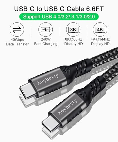 USB 4 Cable 6.6ft, USB-C to USB-C 240W Fast Charging 40Gbps Data Transfer 8K/4K@60Hz Video Output Cable for Thunderbolt 3/4 for MacBook iPhone15/16 Samsung Galaxy USB C Phone Tablet Laptop - color: Grey