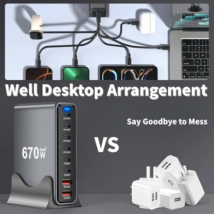 670W USB C Fast Charger Block, 8 Ports GaN III USB Chagring Station, Dual 140W PD PPS HUB for Multiple Devices, Laptop Adapter Compatible with MacBook Pro/Air iPad iPhone Pro Max, Galaxy, Dell, HP - size: 670W-6C2A