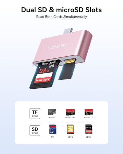DOCKCASE USB-C SD Card Reader for iPhone 17/16/15 Series, Dual Slot USB 3.0 SD & microSD Card Adapter, Up to 170MB/s, Simultaneous Card Access for Camera, Drone, iPad Pro, MacBook & Android (Pink) - color: Pink