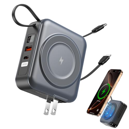 for Magsafe Portable Charger with AC Wall Plug, 6-in-1 Magnetic Wireless Power Bank 10000mAh Built-in Cables, 22.5W Type-C in&Out Fast Charging Battery Pack for iPhone 17/16/15/14/13/12 Series, Gray - color: Gray