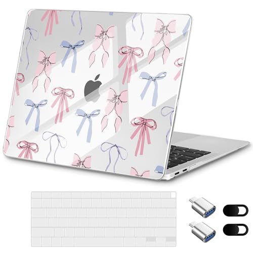 for MacBook Air 13 inch Case 2020 M1 A2337 2019 2018 Release– Fashionable Lightweight Floral Design Transparent HD Clear Laptop Shell, with TPU Keyboard Cover & OTG Adapters, Pink Bow - color: Pink bow