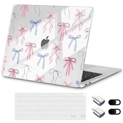 for MacBook Air 13 inch Case 2020 M1 A2337 2019 2018 Release– Fashionable Lightweight Floral Design Transparent HD Clear Laptop Shell, with TPU Keyboard Cover & OTG Adapters, Pink Bow - color: Pink bow