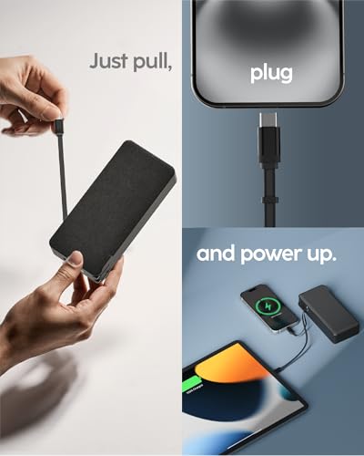 myCharge RetractaCharger 20000mAh Portable Charger Power Bank for Laptops, Phones & Tablets with 28-inch Retractable Dual USB-C Cables | Premium Fabric | Built-in Wall Plug | 30W PD Fast Charging