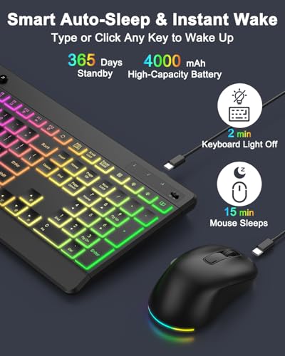 EDJO Wireless Keyboard and Mouse Combo, 10 Backlit Effects, Rechargeable 2.4GHz Silent Full-Size Light Up USB Keyboard with 6 Button RGB Mouse for Laptop, Computer, PC (Black Backlit) - color: black backlit