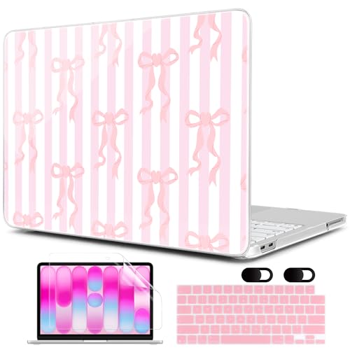 MEEgoodo Printed Case for New MacBook Neo 13 inch 2026 Release(Fit Model A3404), Laptop Hard Shell Cases with Keyboard Skin & Screen Protector & Webcam Covers, Pink Bows&Stripes - color: Pink Bows&Stripes