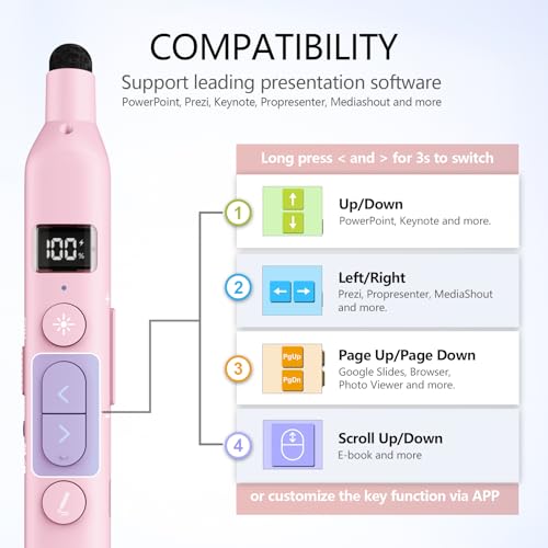 N21 Bluetooth Presentation Clicker for PowerPoint with Retractable Pointer | ①Red laser ②Telescopic touch pen ③Countdown timer, vibration alert ④Customizable Button ⑤Rechargeable, battery level display - color: Pink - Red Pointer