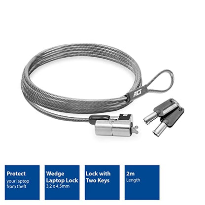 ACT Laptop Lock Security Cable 2m, Keyed Cable, Wedge Slot Notebook Lock, Swivel Lock Head, Laptop Lock Dell, Portable Anti-Theft Cable - AC9040 - style: Key