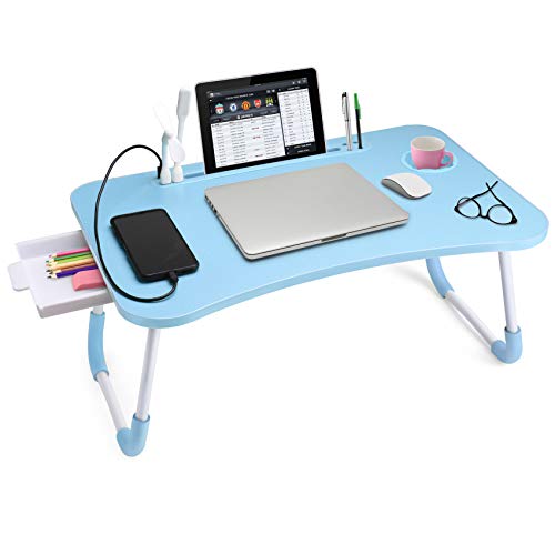 Slendor Bed Desk for Laptop and Writing with Storage, Cup Holder, Light | Fan, Pen Holder,Tablet Holder,Foldable, for Bed, Couch, Floor, Portable, Blue - color: Blue