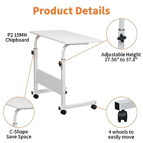 Karl home Mobile Side Table 31.5 inch Computer Desk with Wheels, White | Height Adjustable Rolling Potable Laptop Cart, C-Shaped Bed Couch Sofa End Tables with Edge Stopper for Livingroom Bedroom - color: White, size: 31.5"+No Power Sockets