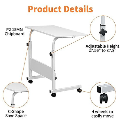 Karl home Mobile Side Table 31.5 inch Computer Desk with Wheels, White | Height Adjustable Rolling Potable Laptop Cart, C-Shaped Bed Couch Sofa End Tables with Edge Stopper for Livingroom Bedroom - color: White, size: 31.5"+No Power Sockets