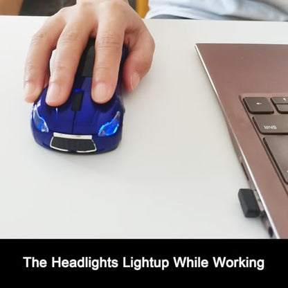 Car Mouse for Computer, Wireless Car Shaped Mice for Laptop, PC, Mini Cute Mouse with 2.4Ghz USB Receiver, 3D, 1600DPI, Silent Clicks, LED Headlights (Blue) - color: Y-Blue