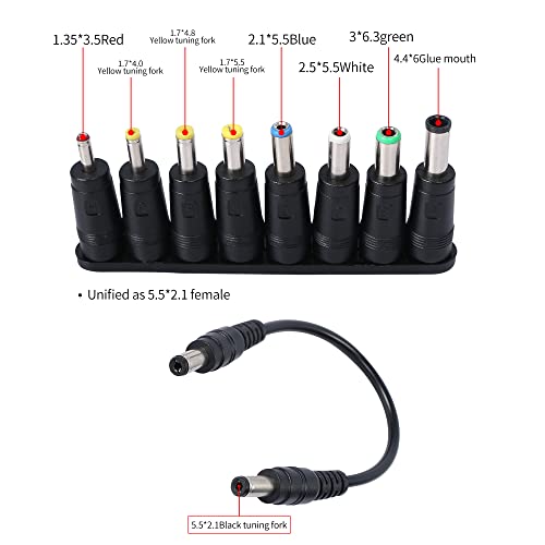 QIANRENON 8-in-1 Universal DC Power Adapter Converter Multi-Gauge DC Power Supply Plug 5.5mm x 2.1mm Female to Male Adapter with DC 5.5 x2.1mm Black Tuning Fork Cable (22cm)
