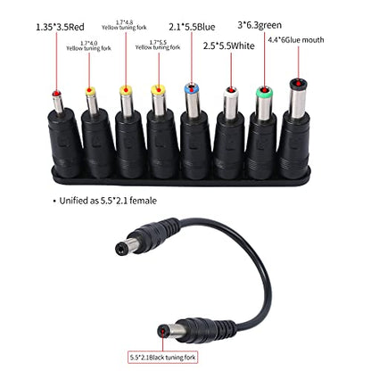 QIANRENON 8-in-1 Universal DC Power Adapter Converter Multi-Gauge DC Power Supply Plug 5.5mm x 2.1mm Female to Male Adapter with DC 5.5 x2.1mm Black Tuning Fork Cable (22cm)