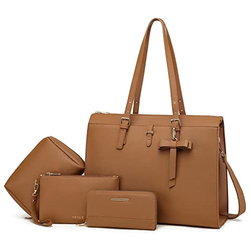 Keyli 4pc Sets Laptop Bag for Women Large Leather Laptop Briefcase with USB Charging Port Computer Shoulder tote Bags Purse - color: Brown