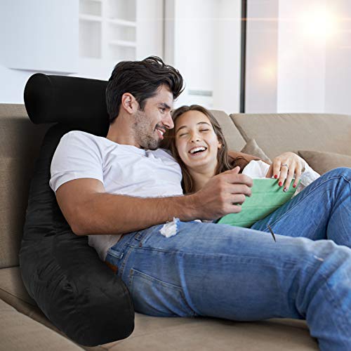 Reading Pillow for Adults Sitting‑Up in Bed, Backrest with Arms | Detachable Neck‑Cushion; Shredded Memory‑Foam; Side Pockets; Washable Velvet Cover; Gaming & TV, Sofa Use - color: Black