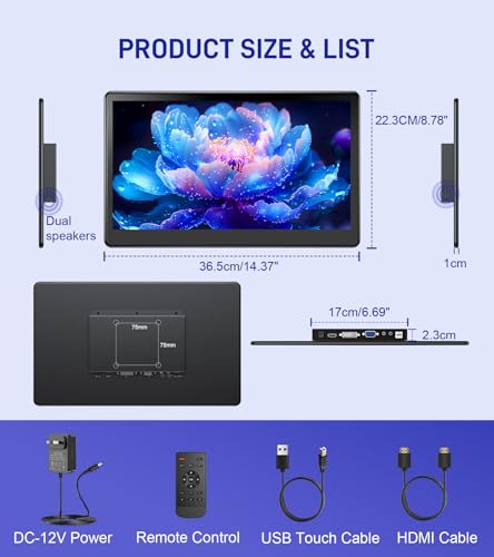 15.6 inch Portable Touchscreen Monitor with HDMI VGA DVI Ports, Screen Extender FHD 1920×1080 IPS Small Touch Screen Display Compatible with Laptops PC PS5/4, Industrial (with Remote) - size: 15.6 inch