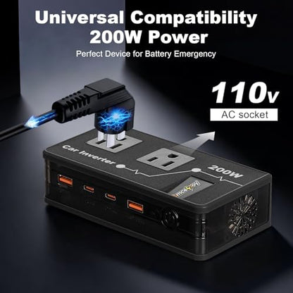 200W Car Power Inverter, Amcelooy Dual DC 12V to 110V AC Car Outlet Adapter to Wall Plug, Fast Charging 24W USB-C & USB Ports,Car Charger Cigarette Lighter Adapter for Phone,Laptop on Road Trip(Black) - color: Black