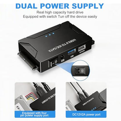 USB 3.0 to IDE SATA Adapter Hard Drive Reader, Type C USB to External Hard Drive Disk HDD Converter Kit for Universal 2.5/3.5 HDD SSD with Power Supply