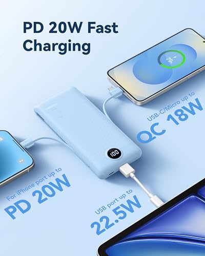 VRURC 10000mAh Portable Charger with Built-in Cables and AC Plug, Blue | 22.5W fast charge, LED display, Micro, USB-C and Phone cables, 4 outputs, 8 oz, airline approved - color: Blue